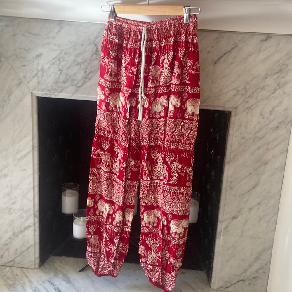 Lightweight red / white elephant pants. Size small